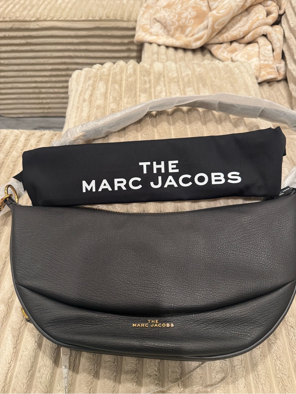 Marc Jacobs Black Pebbled Leather Messenger Bag with Gold Logo